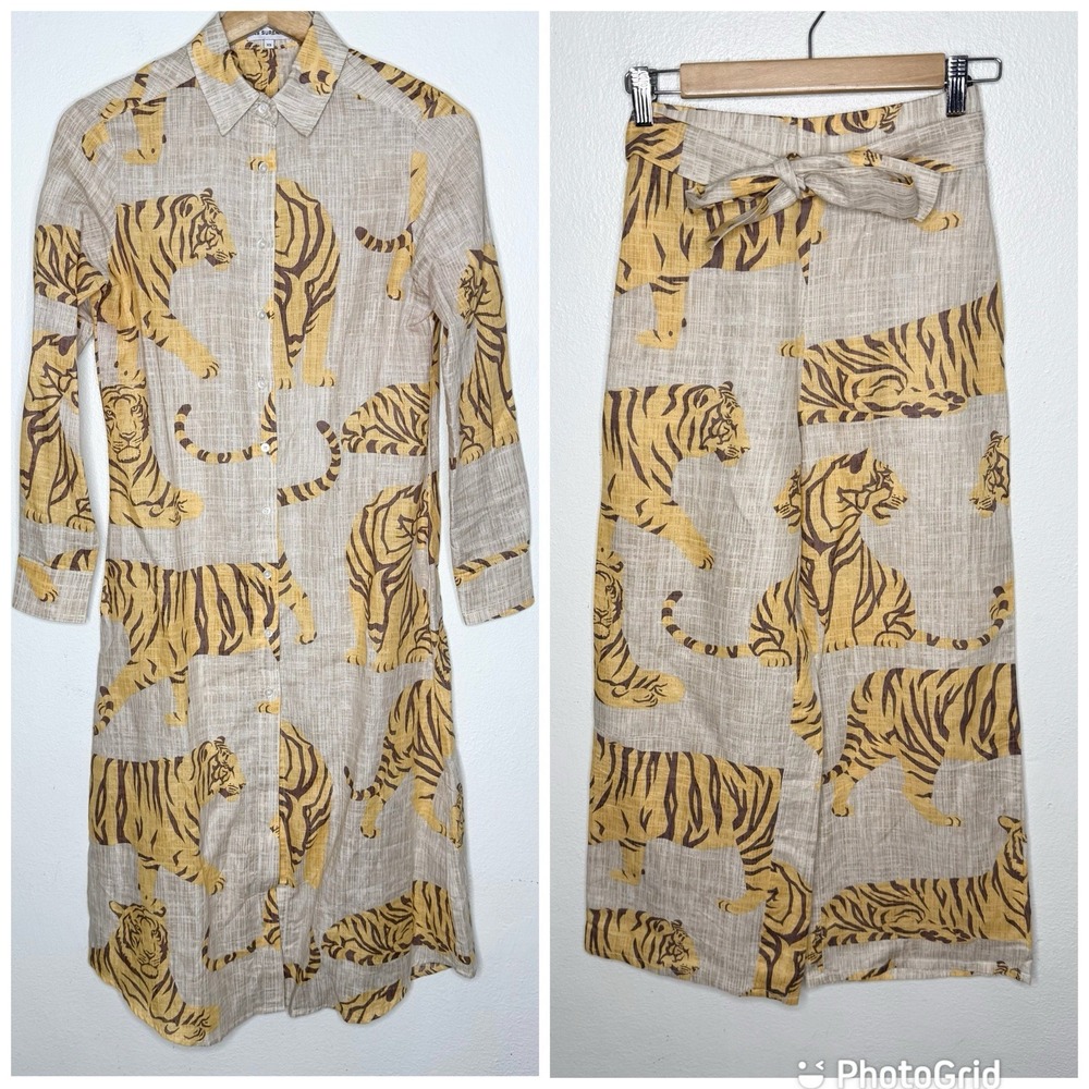 Las Sureñas Tiger Linen Cotton Shirt Dress And Pants Set Resortwear Women's XS